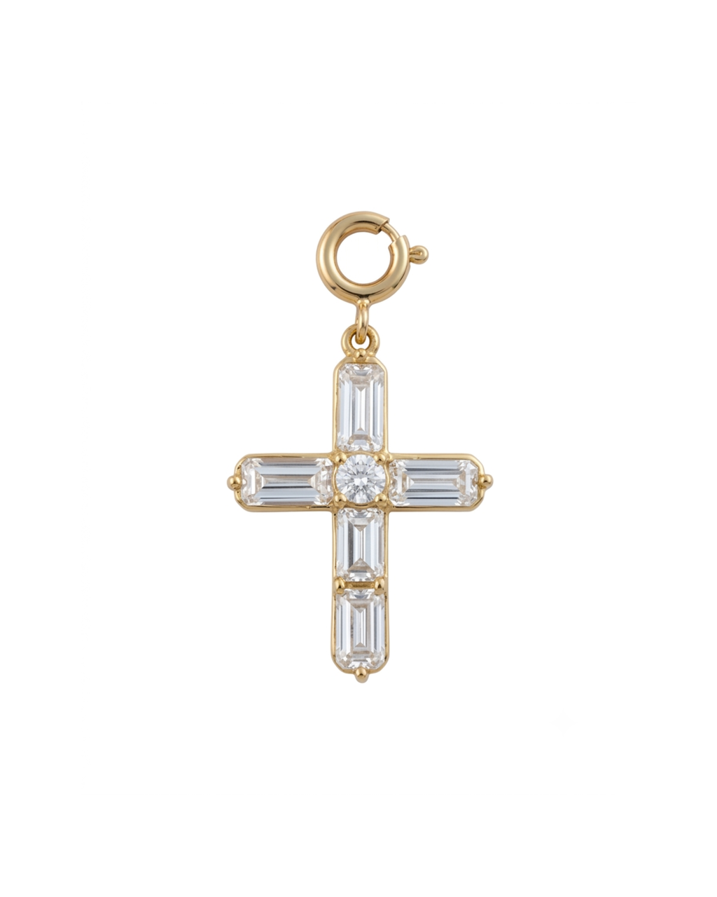 Gold BagBit -  Goldener Kreuz-Anhänger, besetzt mit vier länglichen und einem zentralen runden, klaren Schmuckstein.
