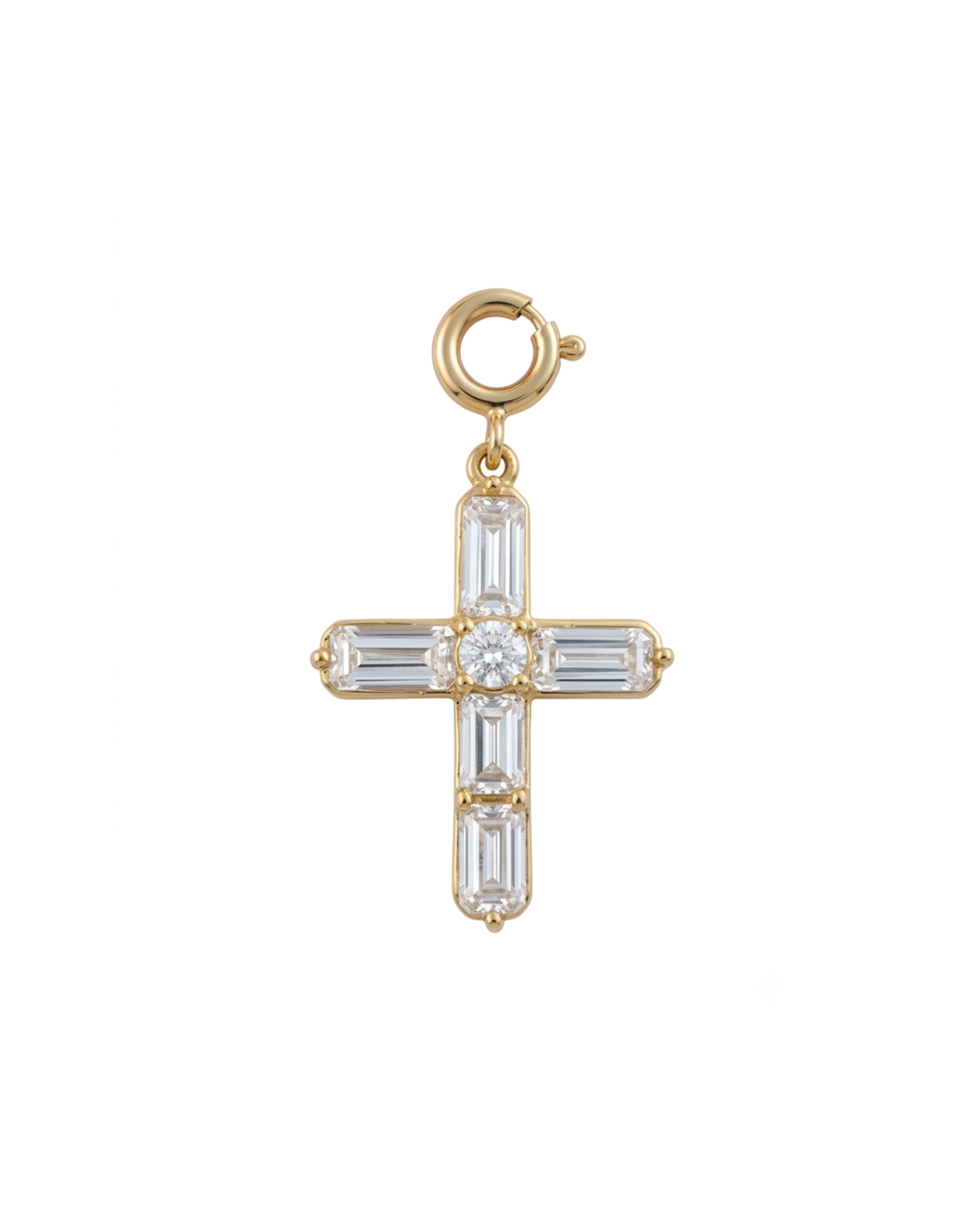 Gold BagBit -  Goldener Kreuz-Anhänger, besetzt mit vier länglichen und einem zentralen runden, klaren Schmuckstein.