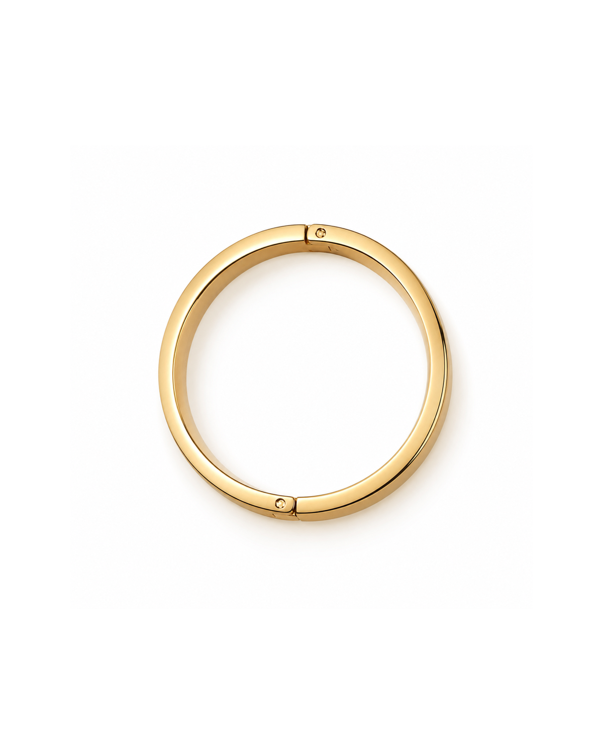 Gold Bag Clip - Polierter, kreisrunder Gold-Clip mit zwei kleinen Scharnieren an den Seiten, isoliert auf weißem Hintergrund.