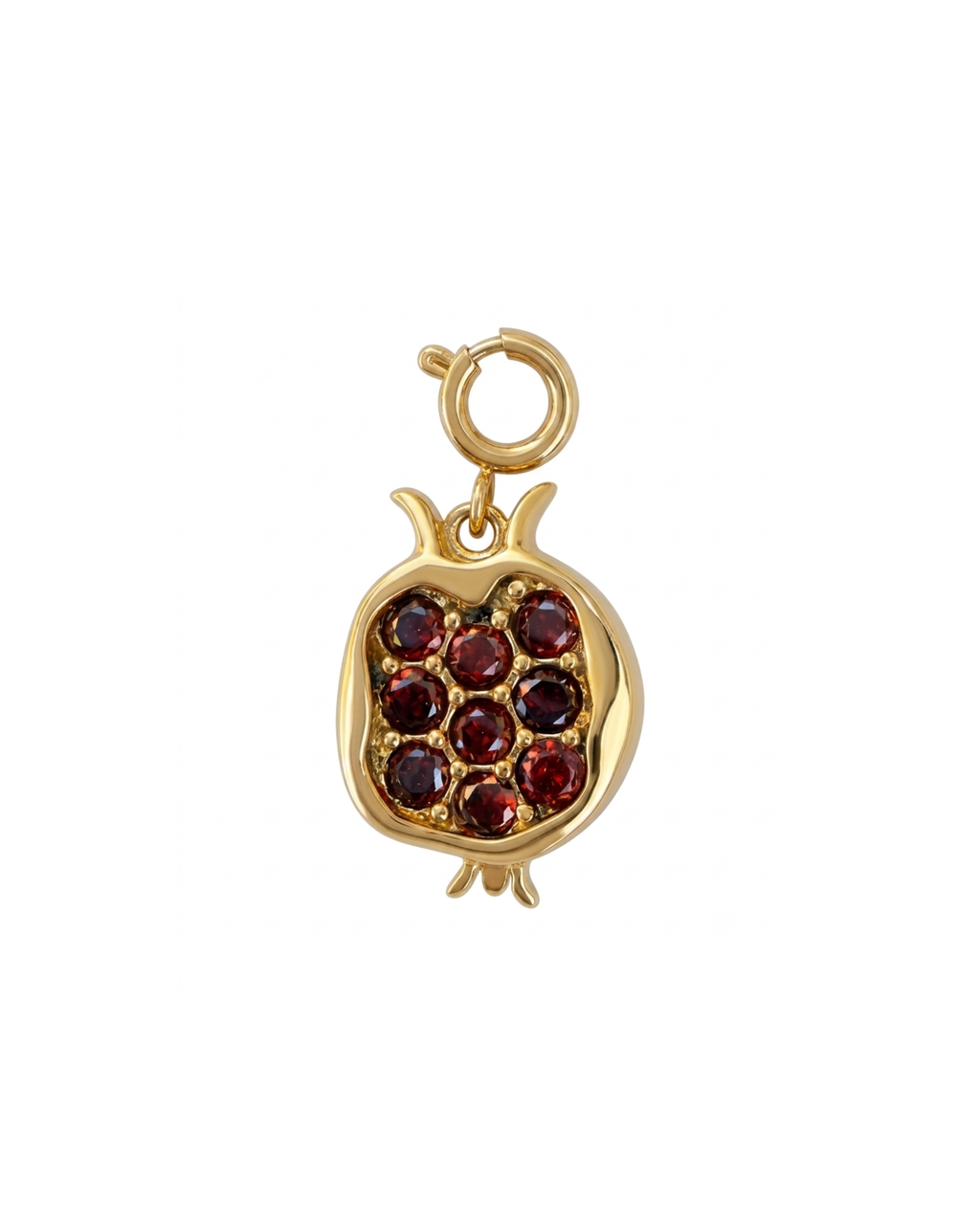 Gold BagBit - Detailaufnahme eines goldenen Anhängers in Form eines Granatapfels, dessen aufgeschnittener Teil mit funkelnden roten Granatsteinen besetzt ist.