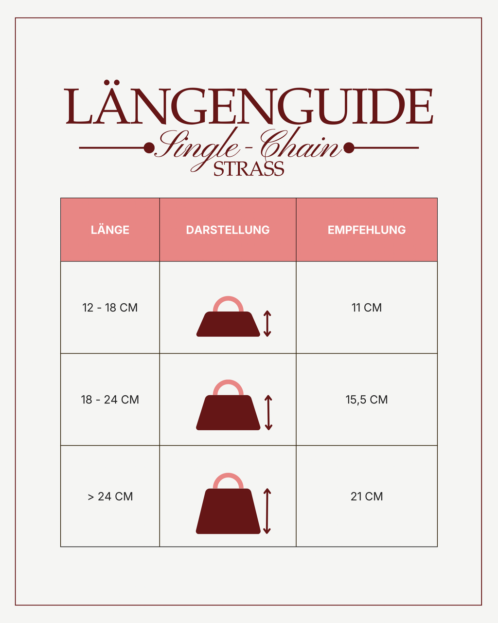 Silber Strass Single Chain - Längenguide-Tabelle für die silberne „Single-Chain STRASS“ mit den Spalten „Länge“, „Darstellung“ und „Empfehlung“ für Längen von 12 cm bis über 24 cm.