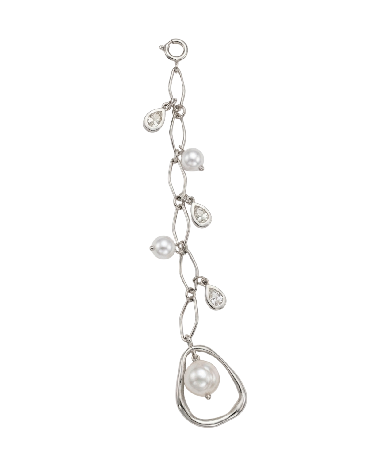 Silber Bag Charm -  Silberner, mehrgliedriger Kettenanhänger verziert mit glänzenden Perlen und kleinen tropfenförmigen Kristallen, endend in einem organischen Goldring mit einer größeren Perle.