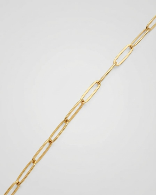 Gold Bag Chain - Nahaufnahme einer goldfarbenen Kette mit länglichen Gliedern vor hellem Hintergrund.