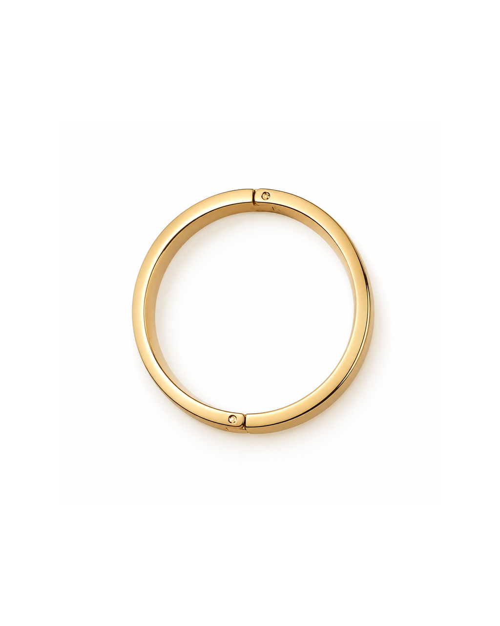 Gold Bag Clip - Polierter, kreisrunder Gold-Clip mit zwei kleinen Scharnieren an den Seiten, isoliert auf weißem Hintergrund.