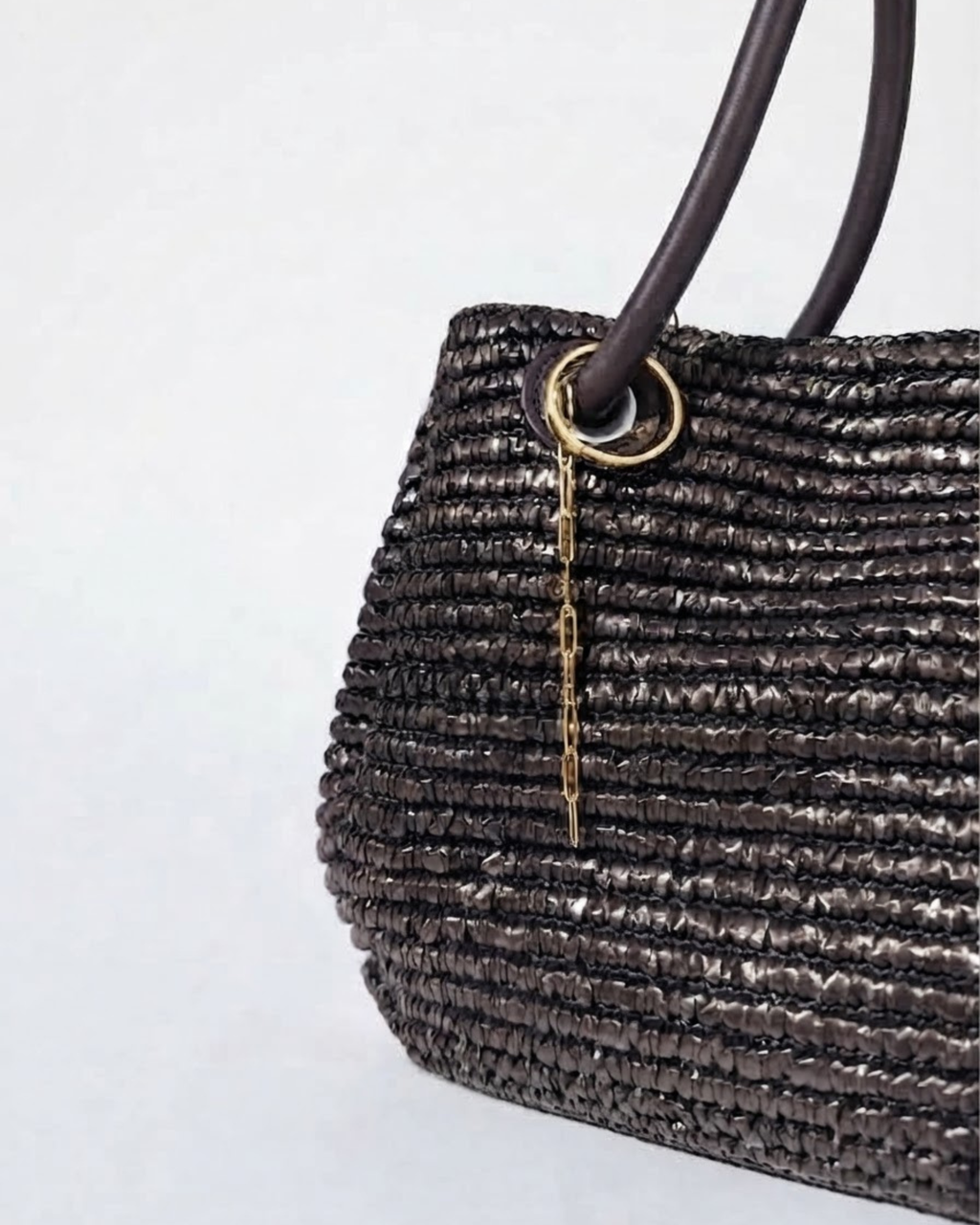 Gold Single Chain - Dunkelbraune Tasche mit einer kurzen, herabhängenden goldfarbenen Kette am Taschenhenkel.