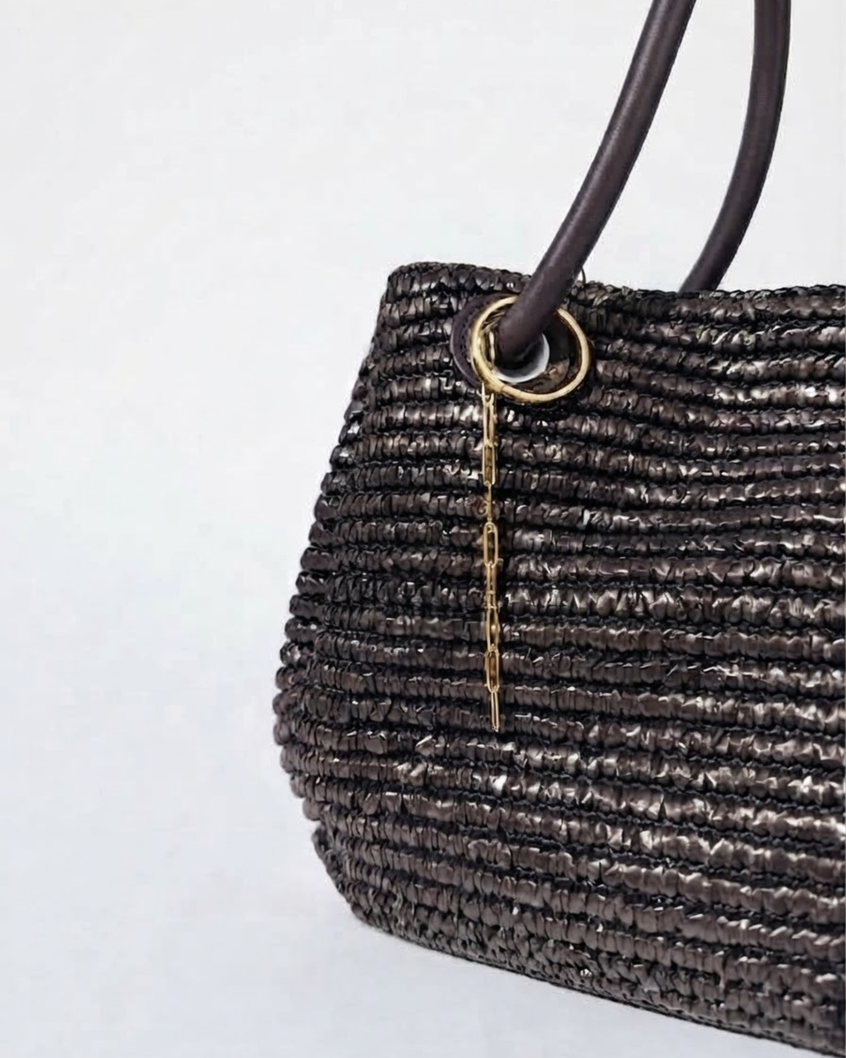 Gold Single Chain - Dunkelbraune Tasche mit einer kurzen, herabhängenden goldfarbenen Kette am Taschenhenkel.