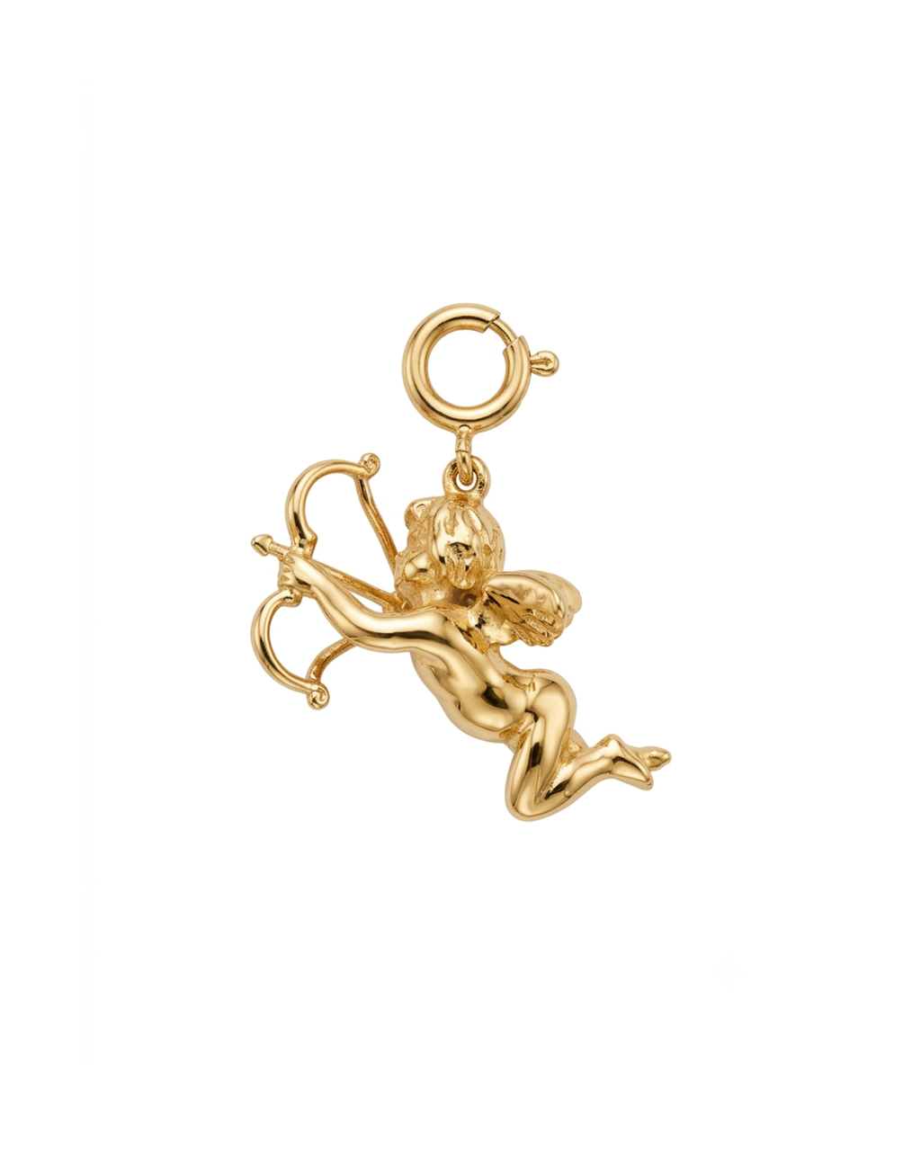 Gold BagBit -  Anhänger in Form eines fliegenden Engels mit Pfeil und Bogen, vor weißem Hintergrund.