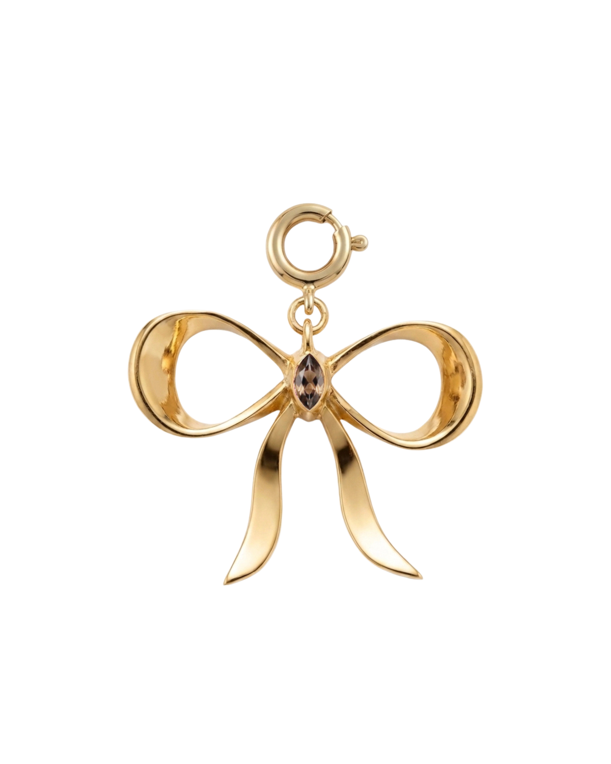 Gold BagBit - Polierter Goldanhänger in Form einer Schleife mit einem zentralen braunen Schmuckstein, isoliert auf weißem Hintergrund. 
