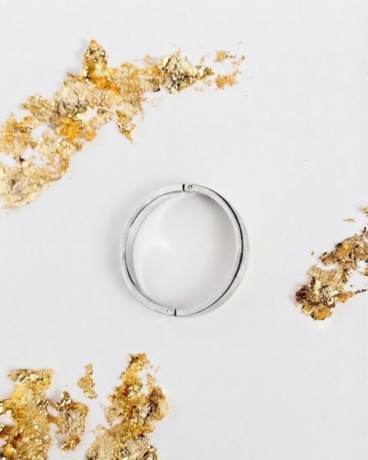 Silber Bag Clip - Eleganter, kreisförmiger Silber-Clip, isoliert auf weißem Hintergrund, umgeben von dekorativen Blattgold-Akzenten.